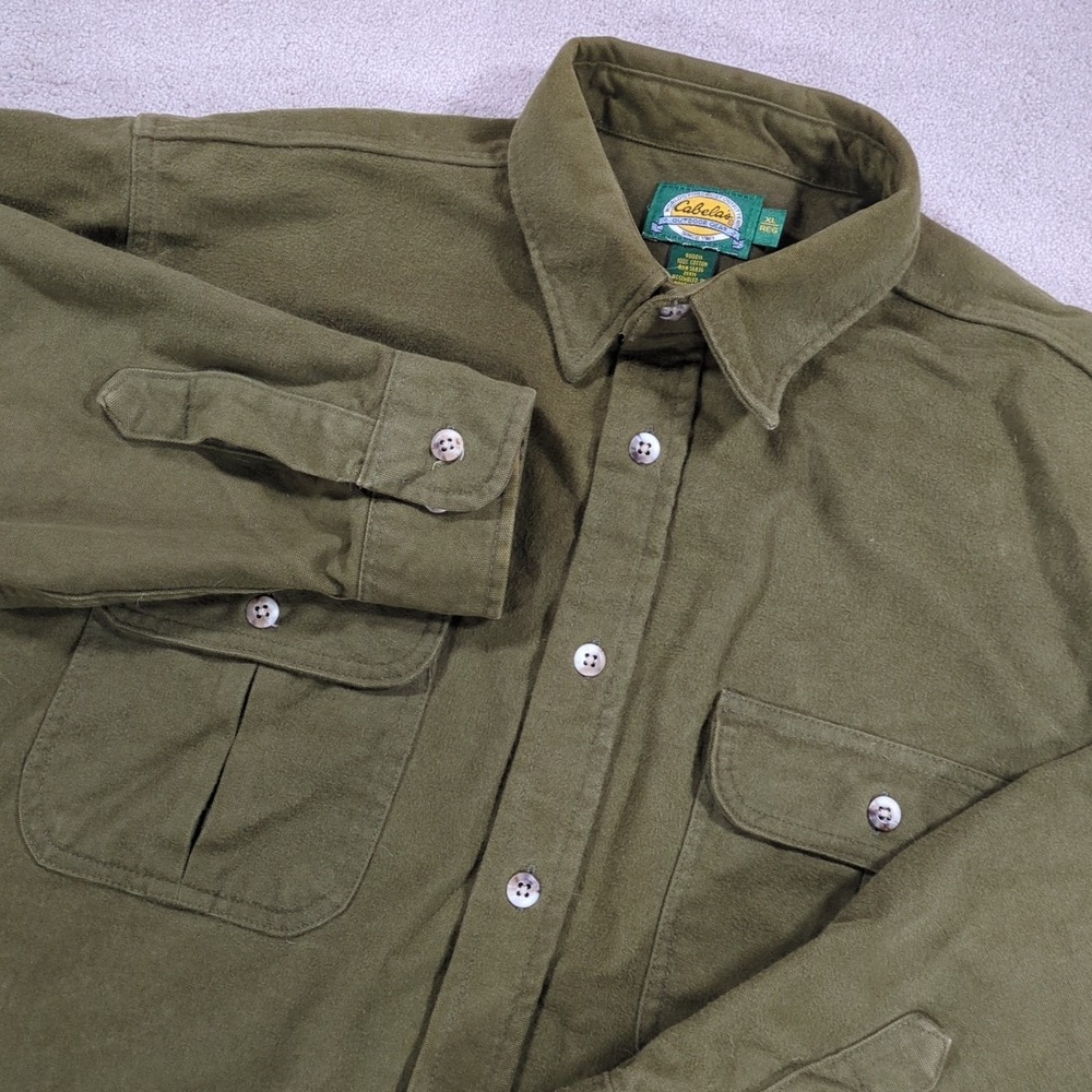 Cabela Shirt Mens XL Button Up Forest Green Heavy Chamois Flannel Shacket